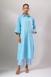 Buy_Naintara Bajaj_Sky Blue Cotton Cut Work Collared Hakoba A-line Kurti And Straight Pant Set _at_Aza_Fashions