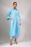 Shop_Naintara Bajaj_Sky Blue Cotton Cut Work Collared Hakoba A-line Kurti And Straight Pant Set _Online_at_Aza_Fashions