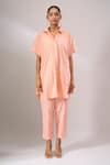 Naintara Bajaj_Peach Cotton Cut Work Collared Hakoba Co-ord Set With Inner _at_Aza_Fashions