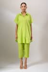 Naintara Bajaj Lime Cotton Cut Work Collared Hakoba Co-ord Tunic And Pant Set With Slip at Aza Fashions Naintara Bajaj_Lime Cotton Cut Work Collared Hakoba Co-ord Tunic And Pant Set With Slip _at_Aza_Fashions