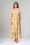 Buy_Naintara Bajaj_Yellow Cotton, Linen Collared Floral Print Maxi Dress _at_Aza_Fashions