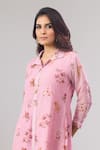 Naintara Bajaj_Pink Cotton, Linen Collared Floral Print Button-down Frill Dress _at_Aza_Fashions