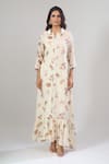 Naintara Bajaj_Off White Cotton, Linen Collared Floral Printed Maxi Dress _Online_at_Aza_Fashions