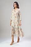 Buy_Naintara Bajaj_Gray Cotton, Linen Collared Floral Print Frill Hem Dress _Online_at_Aza_Fashions