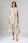 Buy_Naintara Bajaj_Gray Cotton, Linen Collared Floral Print Frill Hem Dress _at_Aza_Fashions