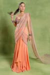 Buy_Tuhina Srivastava_Peach Georgette, Tulle, Silk, Velvet Embroidery Mermaid Saree And Blouse Set _Online_at_Aza_Fashions