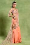 Tuhina Srivastava_Peach Georgette, Tulle, Silk, Velvet Embroidery Mermaid Saree And Blouse Set _at_Aza_Fashions