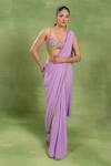 Buy_Tuhina Srivastava_Lilac Georgette, Silk Sequins, Zari, Pre-draped Saree And Embellished Blouse Set _Online_at_Aza_Fashions