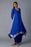 Vasstram_Blue Modal, Satin, Silk Zari V-neck Kamal Asymmetric Kurta And Pant Set _Online_at_Aza_Fashions