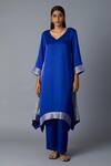 Buy_Vasstram_Blue Modal, Satin, Silk Zari V-neck Kamal Asymmetric Kurta And Pant Set _at_Aza_Fashions