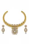 Shop_Minaki_Gold Plated Crystals, Pearls Kundan Polki Hasli Necklace And Earring Set _at_Aza_Fashions