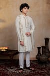 Hilo Design_Off White Silk Embroidery Geometric Symphony Kurta With Dupatta _at_Aza_Fashions