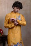 Buy_Hilo Design_Mustard Silk Embroidery Mural Krishna Kurta _Online_at_Aza_Fashions