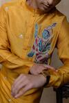 Shop_Hilo Design_Mustard Silk Embroidery Mural Krishna Kurta _Online_at_Aza_Fashions