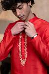 Hilo Design_Red Silk Embroidery Padma Gopala Kurta _at_Aza_Fashions