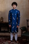 Buy_Hilo Design_Navy Silk Embroidery, Zari Neel Mayura Kurta With Dupatta _at_Aza_Fashions