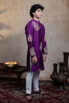 Hilo Design_Purple Silk Embroidery, Sequins Mayura Cham Kurta With Dupatta _at_Aza_Fashions