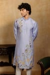 Hilo Design_Blue Silk Embroidery Botanical Bloom Kurta _at_Aza_Fashions