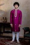 Shop_Hilo Design_Magenta Silk Embroidery, Zari, Metallic Thread Rajyog Kurta With Dupatta _Online_at_Aza_Fashions
