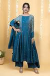 Buy_Grass & Sunshine_Blue Chanderi Embroidery, Tassels Boat Neck Azure Dusk Side Pleated Kurta Set _at_Aza_Fashions