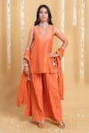Buy_Grass & Sunshine_Rust Viscose Embroidery, Tassels, Lace V-neck Radiance Crinkled Sharara Set _at_Aza_Fashions