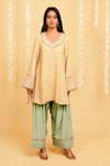 Buy_Grass & Sunshine_Beige Viscose Embroidery V-neck Meadow Bloom Kurta And Farshi Salwar Set _at_Aza_Fashions
