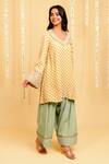 Shop_Grass & Sunshine_Beige Viscose Embroidery V-neck Meadow Bloom Kurta And Farshi Salwar Set _Online_at_Aza_Fashions