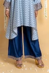 Grass & Sunshine_Blue Chanderi Embroidery V-neck Indigo Breeze Asymmetric Kurta And Palazzo Set _Online_at_Aza_Fashions