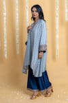 Buy_Grass & Sunshine_Blue Chanderi Embroidery V-neck Indigo Breeze Asymmetric Kurta And Palazzo Set _Online_at_Aza_Fashions