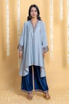Buy_Grass & Sunshine_Blue Chanderi Embroidery V-neck Indigo Breeze Asymmetric Kurta And Palazzo Set _at_Aza_Fashions