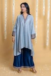 Shop_Grass & Sunshine_Blue Chanderi Embroidery V-neck Indigo Breeze Asymmetric Kurta And Palazzo Set _Online_at_Aza_Fashions