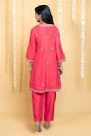 Shop_Grass & Sunshine_Coral Chanderi Embroidery Split V-neck Dawn Kurta And Pant Co-ord Set _at_Aza_Fashions