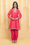 Buy_Grass & Sunshine_Coral Chanderi Embroidery Split V-neck Dawn Kurta And Pant Co-ord Set _at_Aza_Fashions