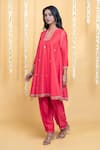 Buy_Grass & Sunshine_Coral Chanderi Embroidery Split V-neck Dawn Kurta And Pant Co-ord Set _Online_at_Aza_Fashions