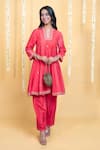 Shop_Grass & Sunshine_Coral Chanderi Embroidery Split V-neck Dawn Kurta And Pant Co-ord Set _Online_at_Aza_Fashions