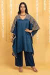 Buy_Grass & Sunshine_Blue Chanderi Embroidery Split V-neck Midnight Bloom Kaftan And Pant Set _at_Aza_Fashions