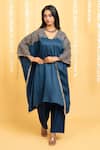 Buy_Grass & Sunshine_Blue Chanderi Embroidery Split V-neck Midnight Bloom Kaftan And Pant Set _Online_at_Aza_Fashions