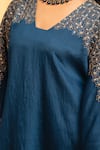 Grass & Sunshine_Blue Chanderi Embroidery Split V-neck Midnight Bloom Kaftan And Pant Set _at_Aza_Fashions