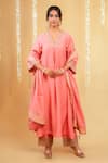 Grass & Sunshine_Pink Chanderi Embroidery, Tassels V-neck Rose Glow Kurta Pant Set _Online_at_Aza_Fashions