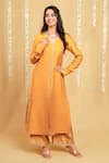 Buy_Grass & Sunshine_Mustard Chanderi Embroidery V-neck Marigold Glow Kurta And Palazzo Set _Online_at_Aza_Fashions