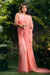 Aza X Shilpa Shetty Kundra_Peach Georgette Fringe Round Animal Swirl Print Saree Gown With Detachable Drape 