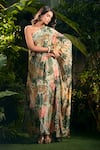 Aza X Shilpa Shetty Kundra_Green Lurex, Georgette One Shoulder Tropical Print Kaftan _at_Aza_Fashions