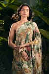 Shop_Aza X Shilpa Shetty Kundra_Green Lurex, Georgette One Shoulder Tropical Print Kaftan 