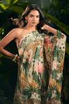 Aza X Shilpa Shetty Kundra_Green Lurex, Georgette One Shoulder Tropical Print Kaftan _Online