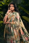 Aza X Shilpa Shetty Kundra_Green Lurex, Georgette One Shoulder Tropical Print Kaftan 