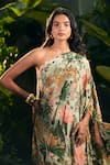 Aza X Shilpa Shetty Kundra_Green Lurex, Georgette One Shoulder Tropical Print Kaftan 