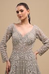 Azeera_Blue Net Sequins, Embroidery V-neck Hand Gown _Online_at_Aza_Fashions