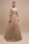 Azeera_Beige Net Sequins, Beads Sweetheart , Open Embroidered Gown With Cape _Online_at_Aza_Fashions