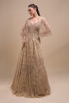 Buy_Azeera_Beige Net Sequins, Beads Sweetheart , Open Embroidered Gown With Cape _Online_at_Aza_Fashions