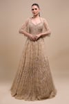 Buy_Azeera_Beige Net Sequins, Beads Sweetheart , Open Embroidered Gown With Cape _at_Aza_Fashions